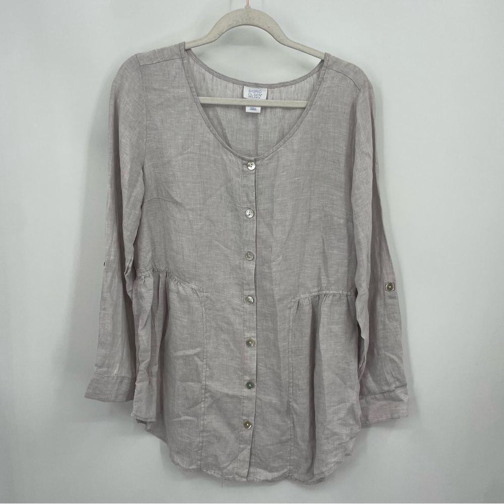 Sigrid Olsen Purple gray‎ Long sleeve 100% Linen Top button front Sz S